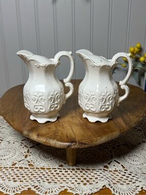 Vintage Ornate Cream Ceramic Pitcher Salt and Pepper Shakers